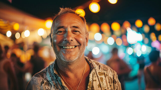 middle aged man at night party on tropical island in Asia, smiling tourist portrait looking at camera, nightlife or outdoor summer festival