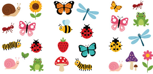 Cute insect and garden cartoon vector illustration set featuring butterflies bees ladybugs snails frogs flowers and kawaii nature elements © Yevhenii creative