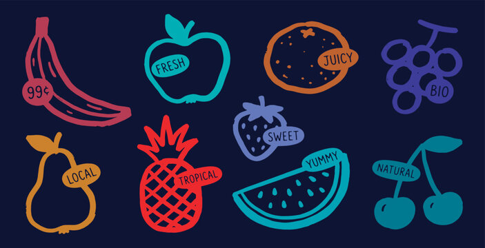 Colorful illustration of various fruits with labels indicating their qualities and origins.