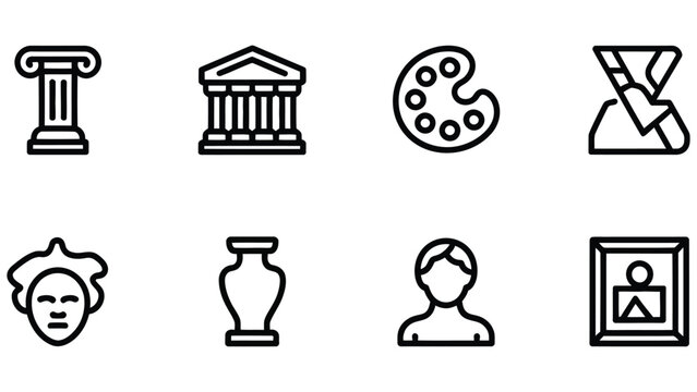 Black line icons of art and architecture and people and objects on white background