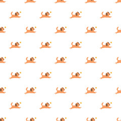 Fototapeta premium Cartoon dog running and catching a ball on a seamless pattern background