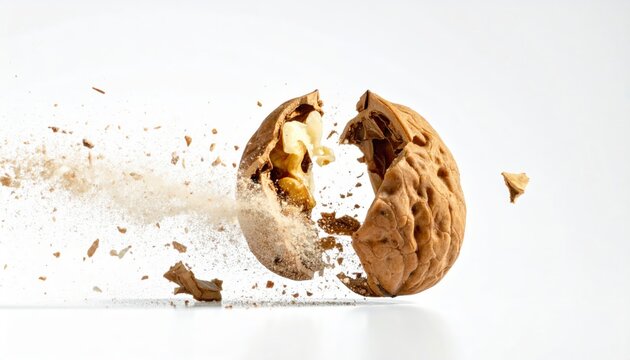 Dynamic high speed explosion of whole walnut shell cracking in mid air to release kernel