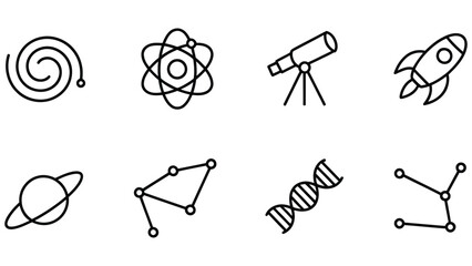 Black line icons of astronomy and science concepts on white background  symbols and signs © Asma 