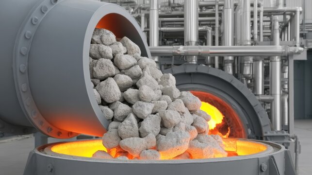 Industrial furnace with refractory material pouring into high temperature heated chamber for metal processing and manufacturing in factory environment
