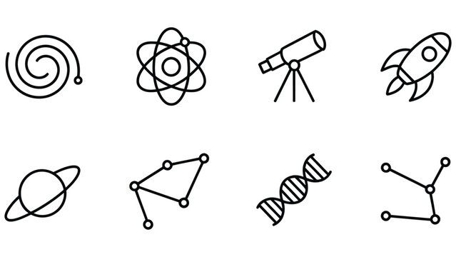 Black line icons of astronomy and science concepts on white background  symbols and signs