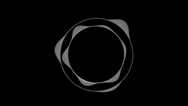Circular audio visualizer waveform on black background. Music sound spectrum equalizer animation. Minimal monochrome digital pulse 