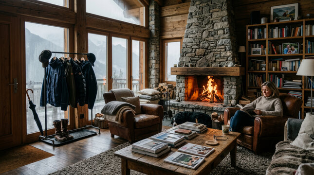 Apartamento real alpino con chimenea encendida, sill&oacute;n de cuero y hombre descansando en ambiente acogedor.
