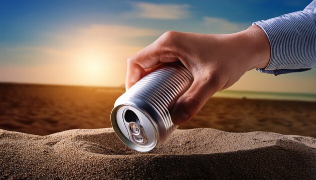 a hand crushes a tin can the topic of ecology and garbage recycling container from the drink