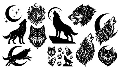 Obraz premium Detailed moon wolf silhouette vector illustration pack isolated on white background