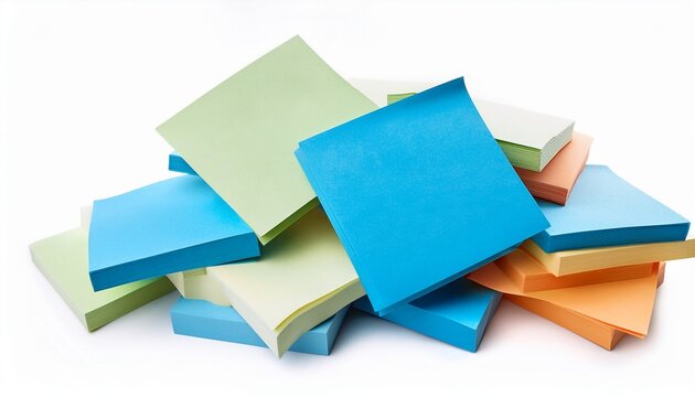 untidy pile various colors blue square sticky post it note isolated white background photo white background