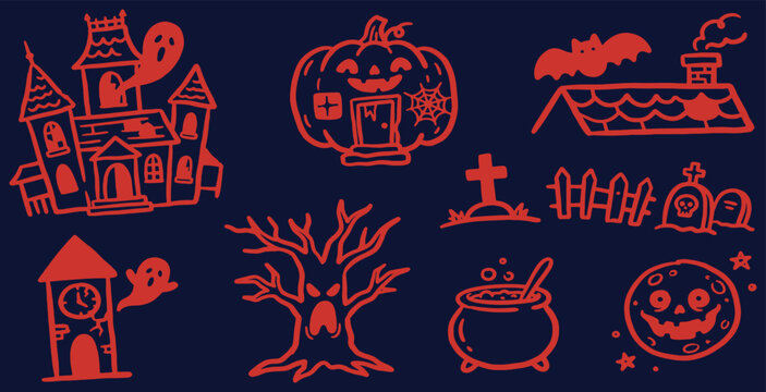 Spooky Halloween vector illustration set with haunted house, pumpkin, tree, and other scary elements.