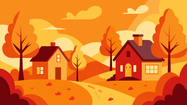 Autumn village, orange landscape, fall scenery, vector houses