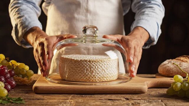 A chef placing a glass dome over a wheel of artisanal brie cheese on a rustic wooden cutting board with grapes and bread