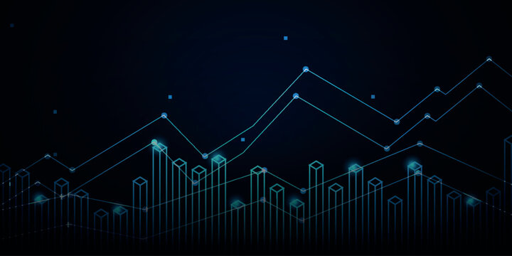 Dark blue gradient business background with futuristic glowing vertical bar elements. Modern chart design with indicator style for market analysis. Vector illustration EPS. 2