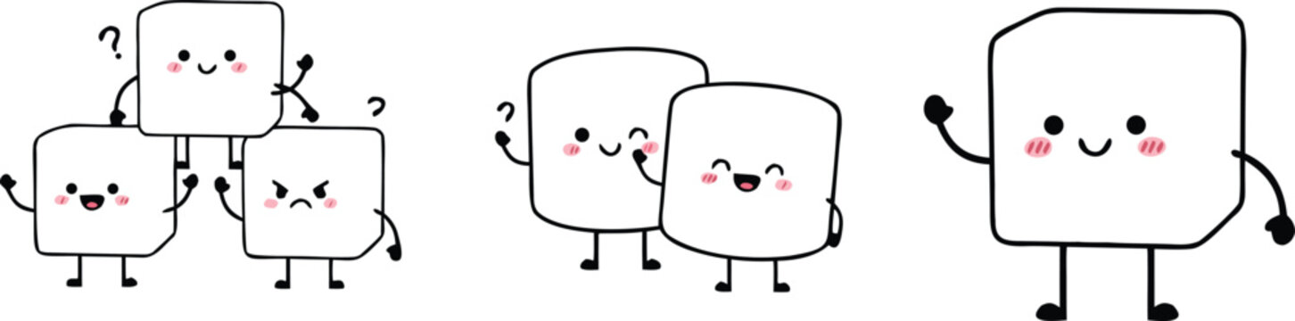 Cute marshmallow cartoon vector illustration set featuring funny kawaii square characters with happy emotions isolated collection