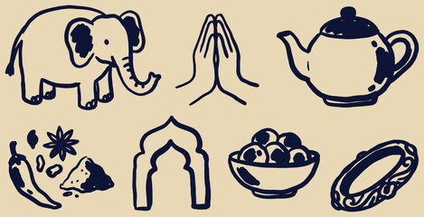 Fototapeta premium Collection of cultural symbols and items from India in a vector illustration.