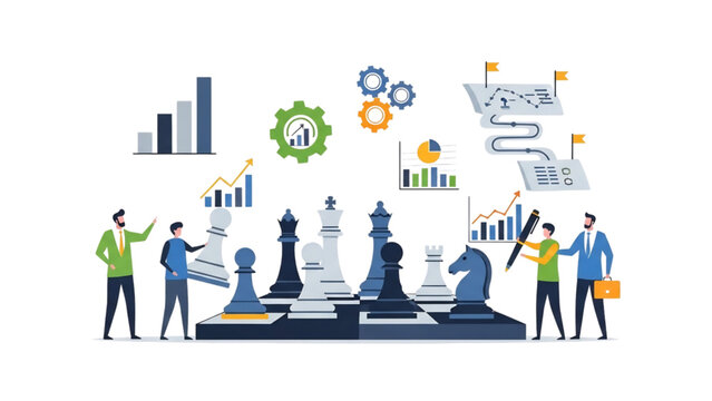 Business Team Analyzing Corporate Growth Strategy Around Chessboard with Financial Infographics Transparent SVG Vector for Leadership and Marketing Banner Design