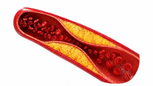 Cross section of human artery blocked by cholesterol plaque with red blood cells.