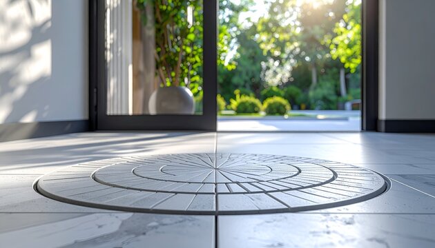 Circular floor drain in marble tile, view through open door to green backyard