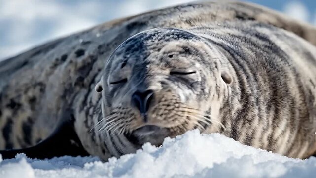 Close-up portrait of a grey seal resting in the snow on an icy surface.