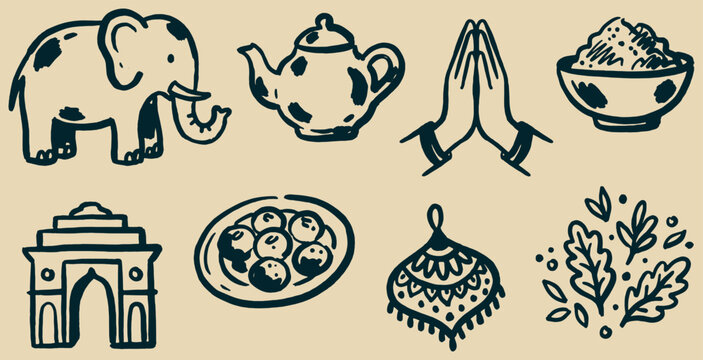 Hand drawn vector illustration of Indian culture symbols, including an elephant, teapot, namaste hands, rice, arch, food, and plant.