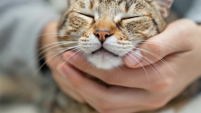 A person gently scratches a sleepy tabby cat's face, filled with affection.