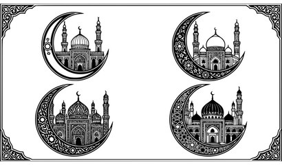 Collection of 4 Traditional Crescent Moon and Islamic Arch Composition Designs for Ramadan Greetings and Eid Mubarak Decorative Print Elements Isolated Black and White Vector Set © GULSHAN