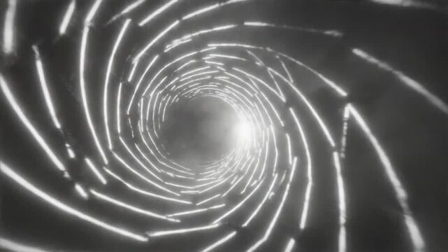 Abstract tunnel with spiraling neon lights, moving through a futuristic wormhole towards a bright, illuminating light.