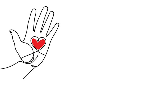 Animation of line drawing of an open hand with a heart symbolizing anti-violence and compassion.
