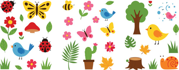 Cute nature and garden vector illustration set featuring birds butterflies flowers insects trees and colorful spring elements © Yevhenii creative