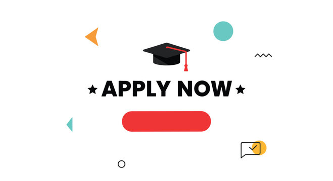 Educational enrollment banner featuring a black graduation mortarboard and the bold text apply now with colorful geometric shapes around.