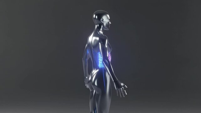 Futuristic Android Robot Rotating with Neon Energy Lights.