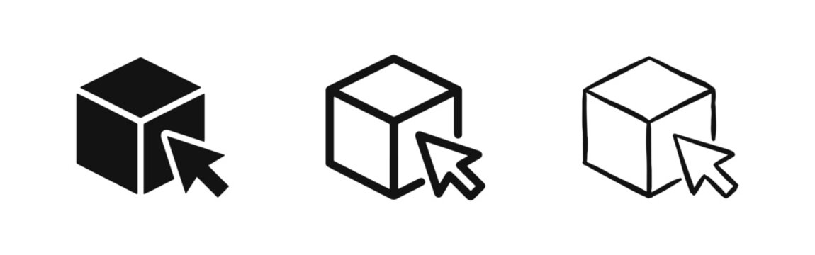 Cube with cursor arrow icon set in solid, outline, and hand-drawn styles