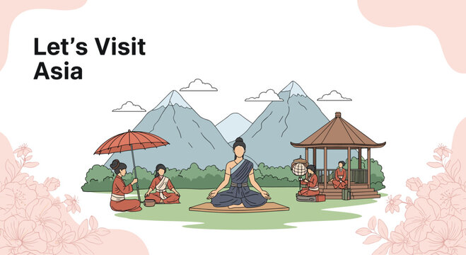 Attractive travel banner with the text let us visit Asia featuring traditional architecture mountains and people in cultural attire.
