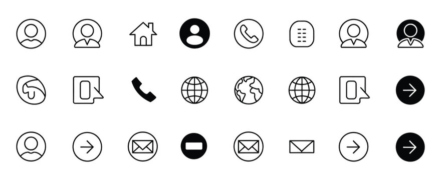 Contact us icon set for website and app design, business card and communication symbols, web icon vector illustration, modern customer support and business interface design elements