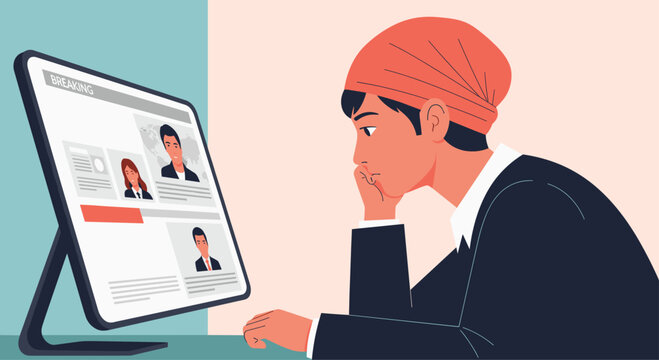 Focused individual wearing a headscarf looking at a breaking news portal on a computer screen while leaning on their hand thoughtfully.