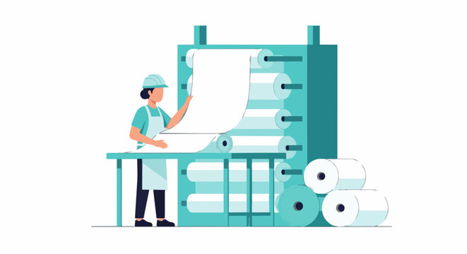 Female Factory Worker Operating Large Paper or Textile Rolling Machine in Industrial Production Facility, Modern Manufacturing Process Vector Illustration