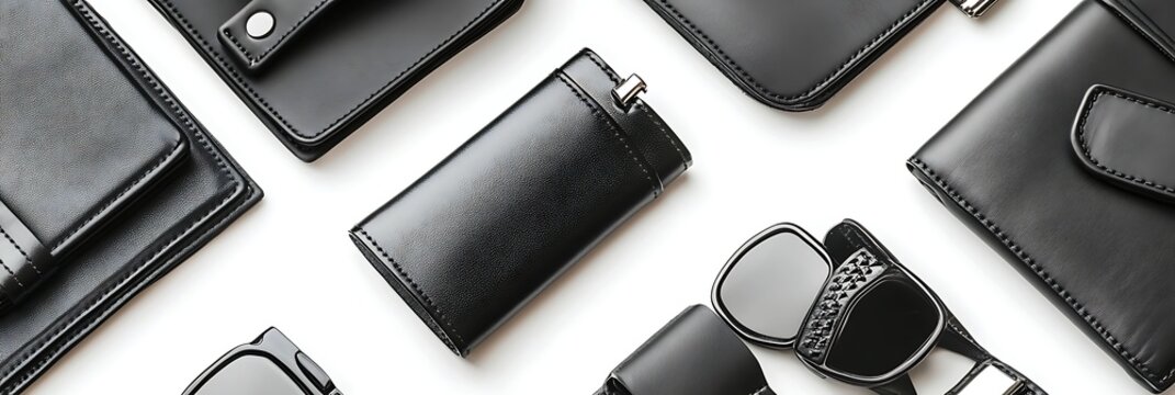 Black leather wallets and accessories on white background