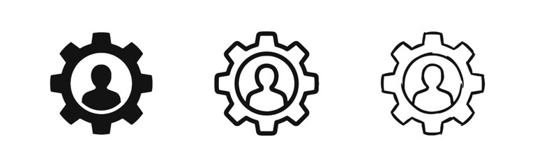 User settings gear icon set in solid, outline, and hand-drawn styles © drawing lines