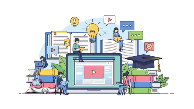 Digital Video Education Hub and E-Learning Scene SVG with Transparent Background for Online Course Banner and Web Tutorial Platform
