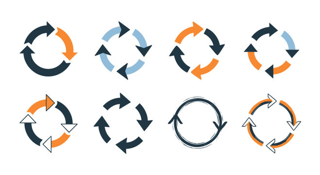 Set of eight different circular arrow icons in various colors and styles represent process, recycling, and continuous loops.