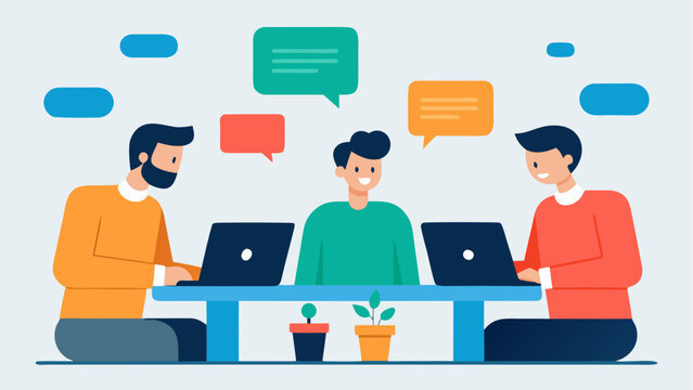 Flat design people working on laptops, collaborative office, teamwork, communication icons