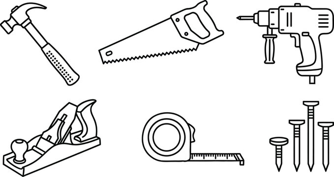 Line of carpentry tools and hardware, including a hammer, handsaw, drill, plane, tape measure, and nails