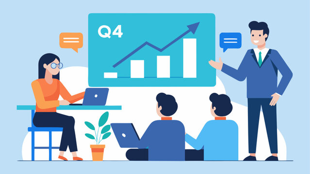 Business team, office meeting, Q4 report, graph analysis, corporate strategy
