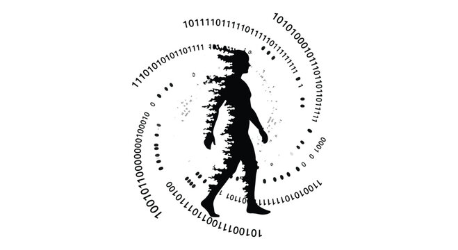 Human silhouette illustrates digital transformation and data flow with binary code encircling a disintegrating figure.
