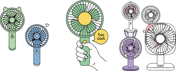 Cute portable electric fan vector illustration set featuring handheld desktop cooling fans and summer gadget collection © Yevhenii creative