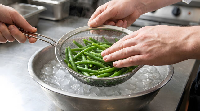 Chef blanching green beans in ice water bath | Professional cooking technique for crisp vegetables | Hands shocking haricots verts in metal strainer | Culinary preparation in commercial kitchen