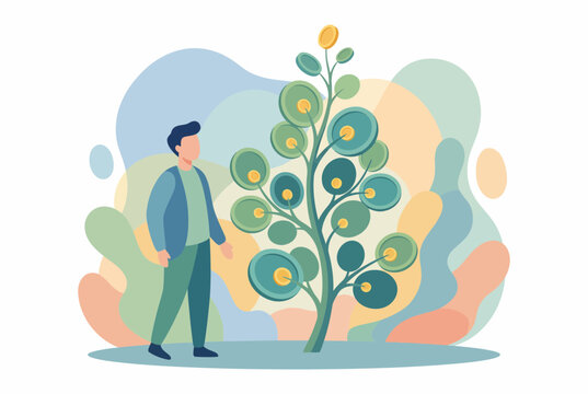 Man observing a money tree representing financial growth achievement