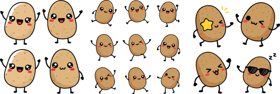 Cute potato cartoon vector illustration set featuring funny vegetable characters with happy emotions isolated kawaii food collection