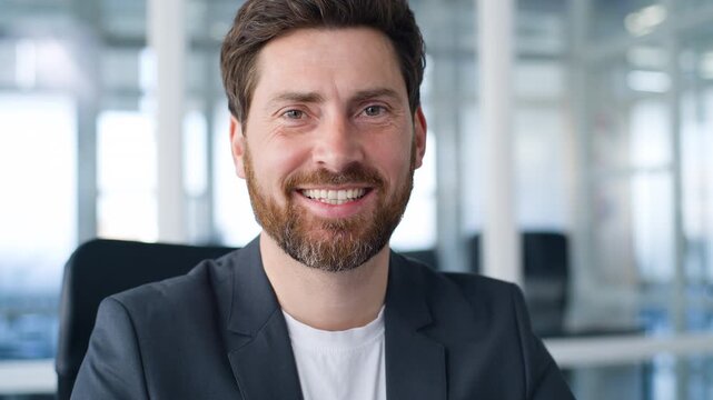 Close up portrait carefree Caucasian middle-aged business man working smiling toothy happy smile white teeth dental health medicine male looking at camera mature businessman cheerful face in office